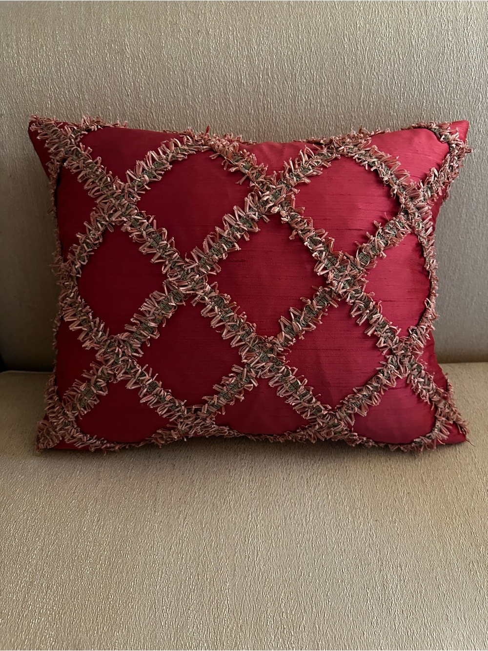 Raspberry Pink Silk Look Fringe Pillow 14x18 Feather Down Insert